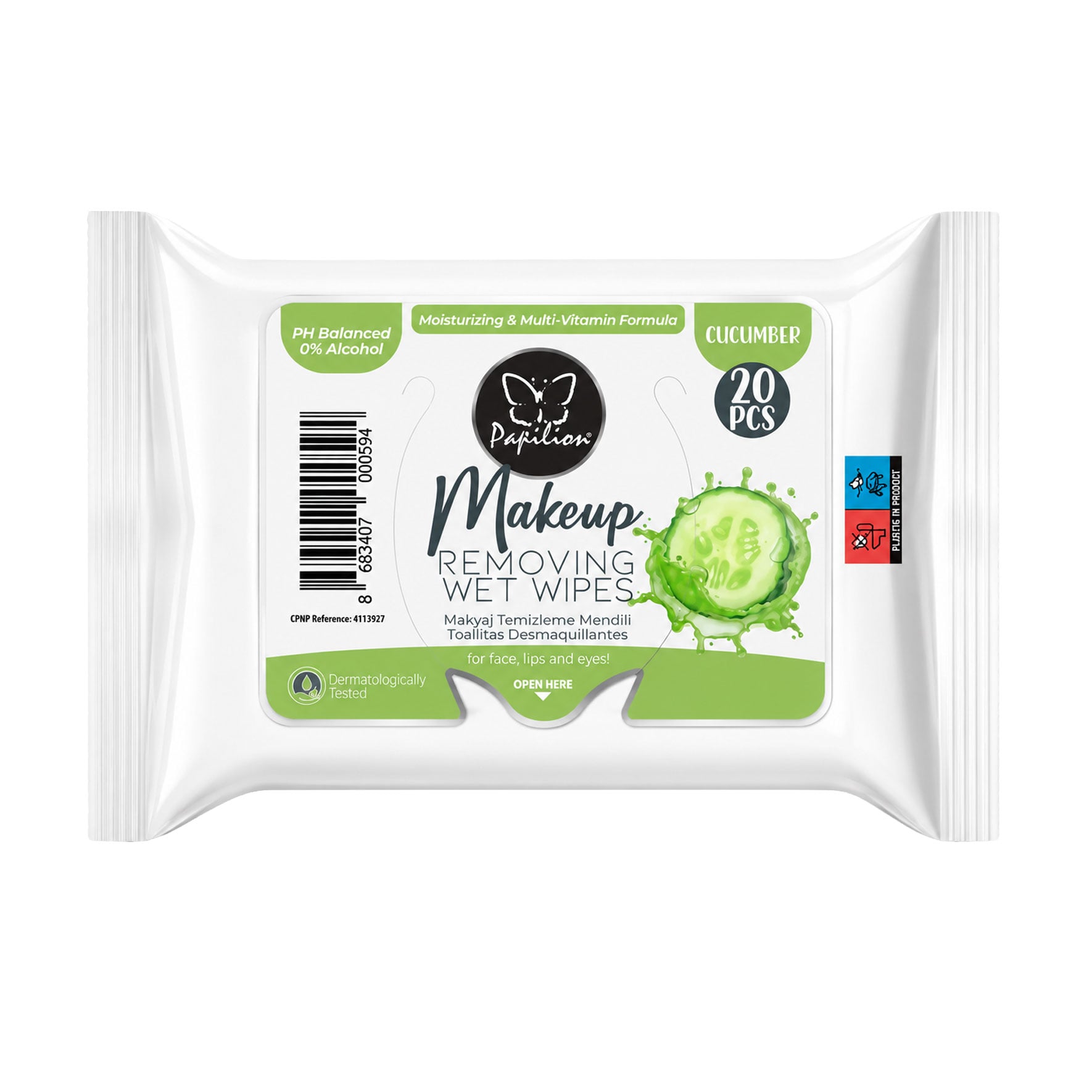Серветки для зняття макіяжу Papilion Makeup Removing Wet Wipes, Cucumber, 20 шт